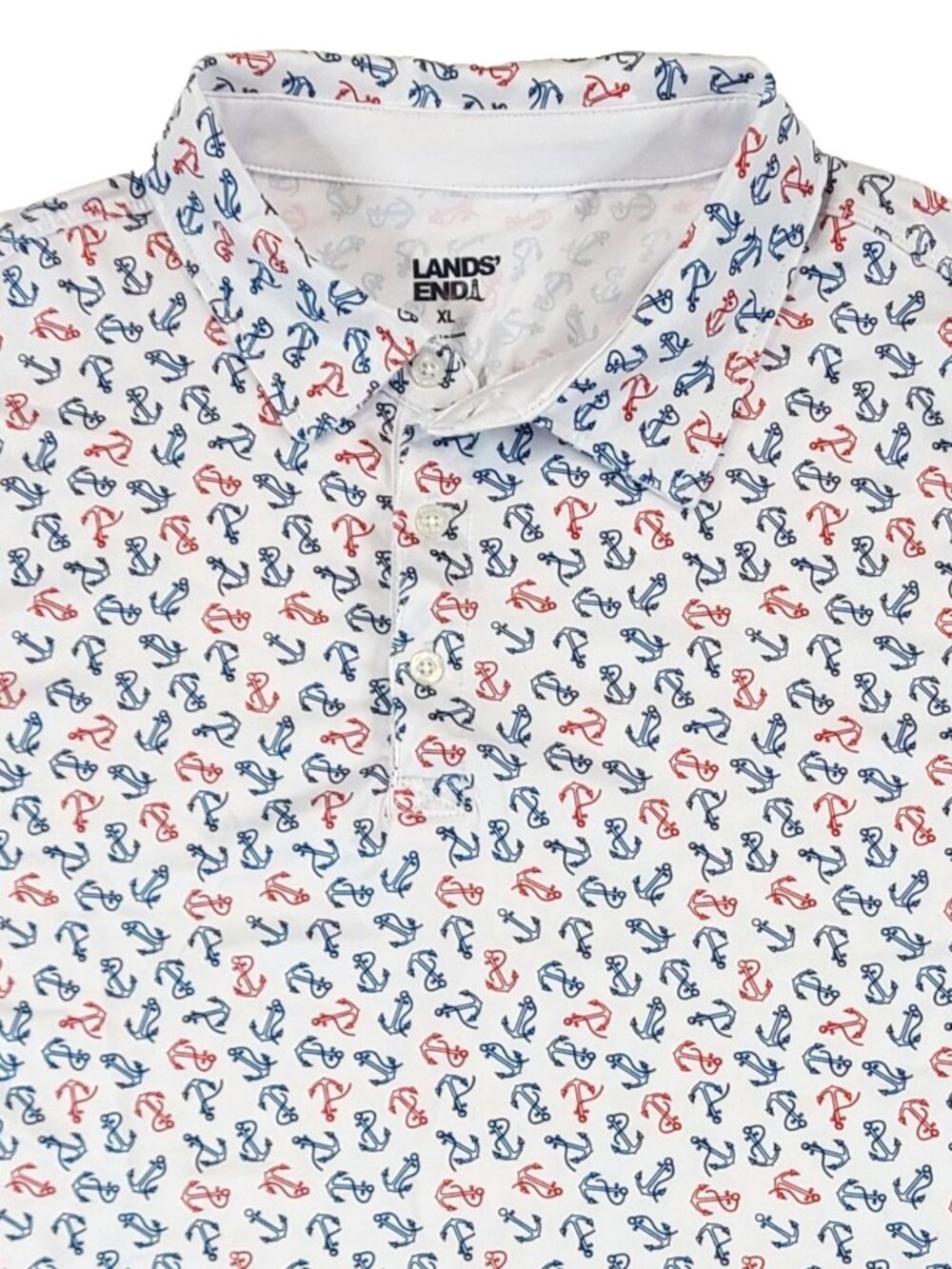 Lands End NWT Anchor Nautical Polo size XL No Wrinkle White Red Blue Silky Top